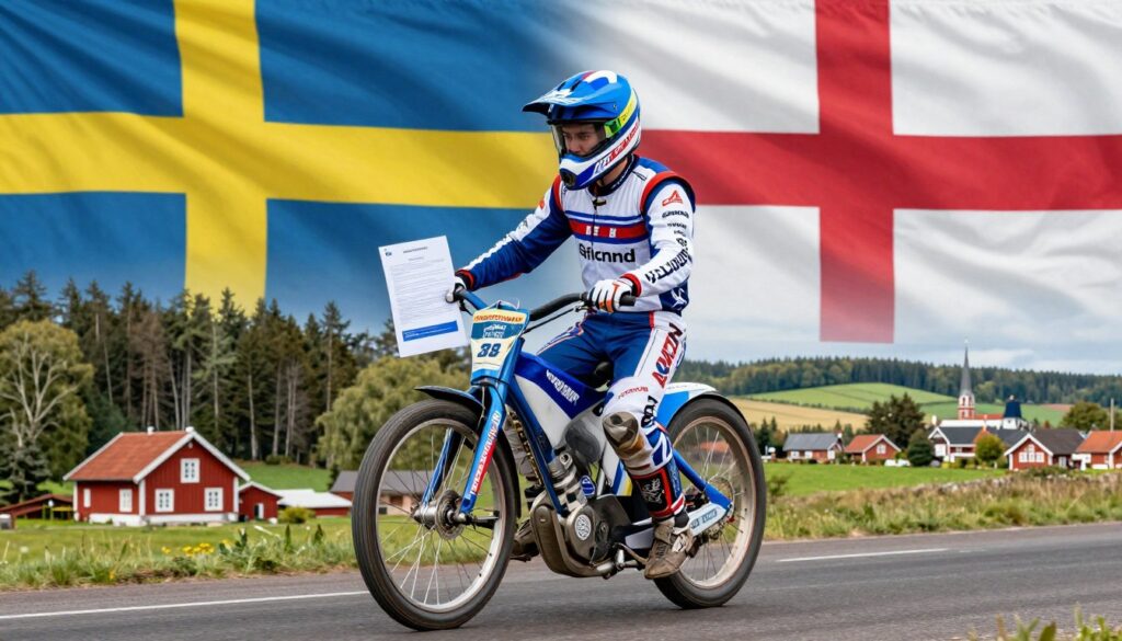 A dynamic scene depicting the international contracts and mobility of a speedway rider, showcasing the essence of Sweden and England. In the foreground, a professional speedway racer in a sleek racing suit stands confidently, holding contracts in both hands, symbolizing the exchange between the two countries. The middle ground features a split landscape; on the left, the iconic Swedish landscapes with lush forests and a traditional Swedish home, and on the right, the distinct English countryside with rolling hills and a historic village. The background is a skyline that seamlessly blends elements from both nations, such as Swedish and English flags. Soft, natural lighting bathes the scene, enhancing the atmosphere of opportunity and professionalism. A slight angle emphasizes the rider's determination, creating an inspiring and motivational mood.