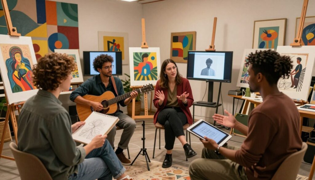 A dynamic scene illustrating collaboration among artists, featuring a diverse group of individuals engaged in a vibrant creative discussion. In the foreground, a visual artist, a musician, and a designer passionately share ideas, dressed in smart casual attire, surrounded by sketchbooks, instruments, and digital tablets. The middle ground showcases an array of colorful artworks displayed on easels and digital screens, while a cozy, well-lit studio environment enhances the sense of creativity. The background is adorned with abstract murals, reflecting a fusion of various artistic styles. Soft, warm lighting creates an inviting atmosphere, casting gentle shadows and emphasizing the collaborative spirit. The overall mood is inspirational and energetic, highlighting the essence of artistic collaboration and cultural influence.