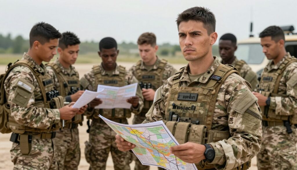 A dynamic scene showcasing a heroic figure in military attire, embodying the spirit of "misjach." In the foreground, a dedicated soldier, dressed in a modern combat uniform, stands confidently with a map in hand and a determined expression on his face. In the middle ground, a diverse team of military personnel collaborates closely, discussing strategies and reviewing mission briefs under soft, diffused natural light. The background reveals a rugged landscape or an operational base, hinting at various terrains suitable for missions, with subtle details of equipment and vehicles. The overall atmosphere is focused and intense, capturing the essence of duty, bravery, and teamwork. The image should evoke respect and admiration, reflecting the dedication and achievements of those involved in important missions.