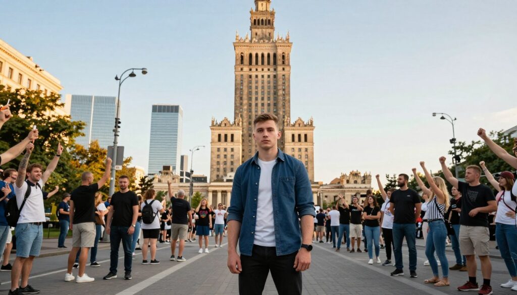 A dynamic street scene in Warsaw, showcasing a vibrant urban landscape with iconic landmarks such as the Palace of Culture and Science towering in the background. In the foreground, a determined young man in smart casual attire stands confidently, embodying the spirit of MMA, with a backdrop of enthusiastic fans cheering him on. The middle ground features a lively street filled with people, mixing traditional Polish architecture with modern elements. The lighting is warm and inviting, capturing the golden hour glow, while a wide-angle lens provides a sweeping view of the bustling city. The atmosphere is electric, filled with anticipation and excitement, perfectly reflecting the connection between the MMA community and the vibrant city of Warsaw.