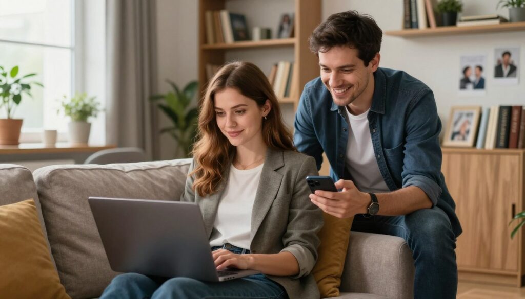 A dynamic, well-lit scene featuring Sara and Wiktor in an inviting, cozy living room that reflects their daily lives. Sara, a woman in her late twenties with chestnut brown hair and warm hazel eyes, is dressed in a stylish yet professional outfit, seated on a plush couch with a laptop open, engaged in social media. Wiktor, a man with short dark hair and a friendly smile, stands beside her, casually dressed in smart casual attire, holding a smartphone. The background includes bookshelves filled with books, plants, and personal photographs that hint at their life together. Soft, natural lighting filters through a nearby window, creating an atmosphere of warmth and intimacy, suggesting a blend of work and personal connection.