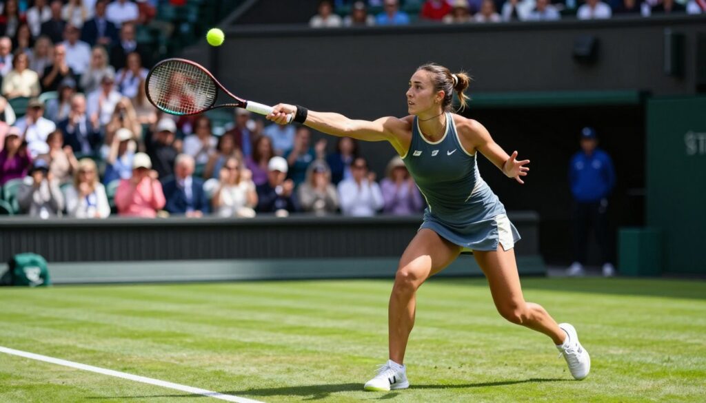 A female tennis player, showcasing dynamic movement, captured in an intense match. In the foreground, she is focused and determined, wearing a sleek, professional tennis outfit with a breathable fabric. Her hair is tied back in a neat ponytail, emphasizing her concentration. The middle ground features a vibrant tennis court with vibrant green grass and a blurred crowd cheering in the background. The lighting is bright and natural, suggesting a sunny day, creating sharp shadows and highlighting the player’s form. The angle captures her powerful serve, with the tennis ball in mid-air, conveying a sense of action and excitement. The mood is energetic and competitive, embodying the spirit of professional tennis.