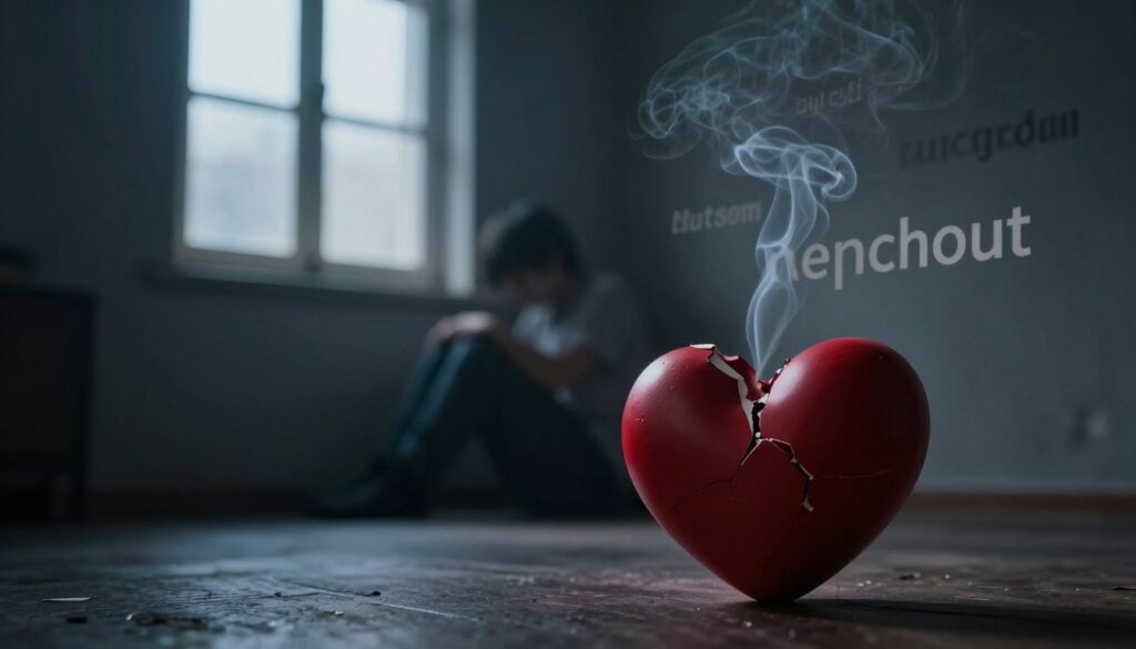A fragmented heart sits in the foreground, symbolizing emotional pain and distress, its edges sharp and jagged. Surrounding the heart, floating phrases in soft, blurred text represent hurtful statements, like wisps of smoke, creating a sense of confusion and sorrow. In the middle ground, a dimly lit room with a single window allows muted light to filter in, casting gentle shadows that evoke a somber, reflective mood. A silhouette of a person in modest casual clothing slumps against the wall, their body language conveying a deep sense of despair. In the background, darkened colors create a heavy atmosphere, emphasizing the weight of negative words. The overall scene should evoke empathy and the need for careful communication, with a focus on emotional sensitivity and awareness.