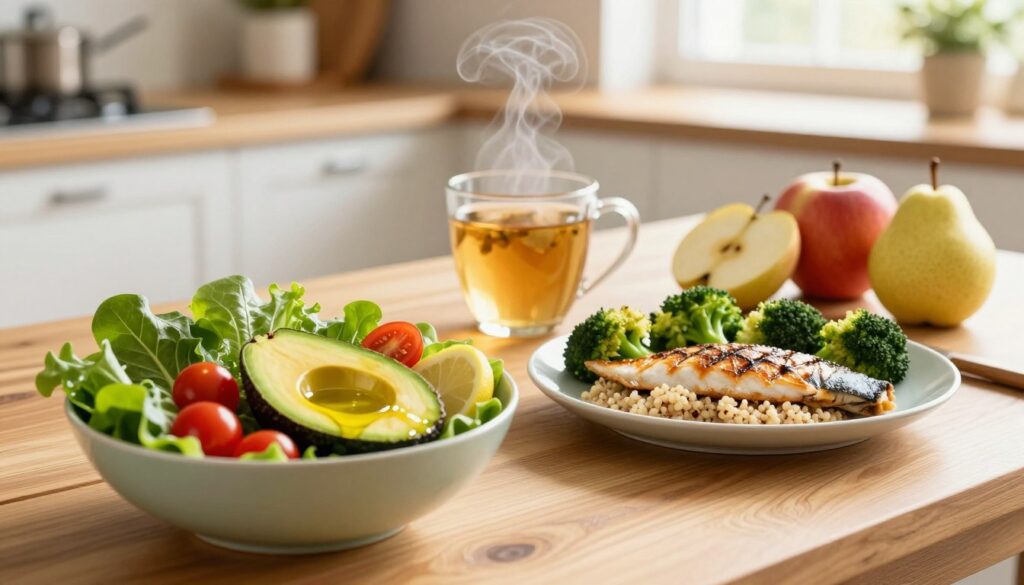 A healthy, balanced diet spread elegantly on a wooden table, showcasing a variety of colorful ingredients ideal for managing gallstone issues. In the foreground, a vibrant bowl of mixed leafy greens with cherry tomatoes and sliced avocados, dressed in olive oil and lemon juice. Next to it, a plate of grilled fish accompanied by steamed broccoli and quinoa. In the middle ground, a glass of herbal tea emits a soothing steam, while fresh fruits like apples and pears add a pop of color. The background features a soft-focus kitchen setting, filled with sunlight streaming through a window, highlighting a serene atmosphere that promotes well-being. The composition conveys a sense of tranquility and health, with warm, inviting lighting that emphasizes the freshness of the food, captured with a slightly tilted angle to create a dynamic perspective. A healthy, balanced diet spread elegantly on a wooden table, showcasing a variety of colorful ingredients ideal for managing gallstone issues. In the foreground, a vibrant bowl of mixed leafy greens with cherry tomatoes and sliced avocados, dressed in olive oil and lemon juice. Next to it, a plate of grilled fish accompanied by steamed broccoli and quinoa. In the middle ground, a glass of herbal tea emits a soothing steam, while fresh fruits like apples and pears add a pop of color. The background features a soft-focus kitchen setting, filled with sunlight streaming through a window, highlighting a serene atmosphere that promotes well-being. The composition conveys a sense of tranquility and health, with warm, inviting lighting that emphasizes the freshness of the food, captured with a slightly tilted angle to create a dynamic perspective.