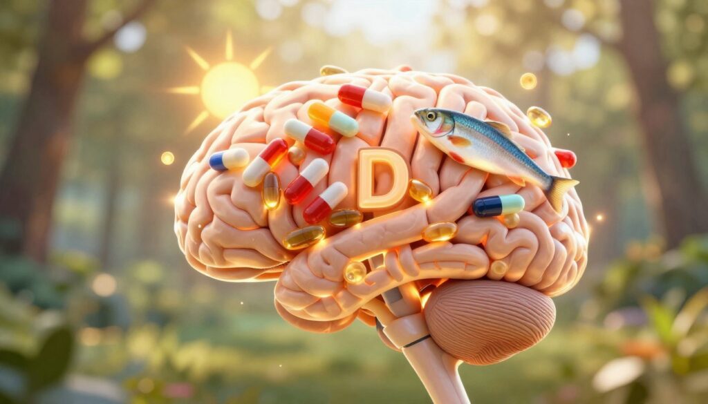 A human brain surrounded by vibrant, glowing representations of vitamins, particularly focusing on vitamin D. In the foreground, the brain is intricately detailed with neural pathways highlighted in soft, warm colors to suggest activity and health. The middle ground features bright, colorful capsules and natural sources of vitamin D, such as sunshine and fish, blending harmoniously together. In the background, a serene, soft-focus environment creates a calming atmosphere, with gentle sunlight filtering through trees, casting dappled shadows. The composition conveys a sense of hope and clarity, emphasizing the importance of vitamins in mental health. The lighting should be warm and inviting, akin to golden hour, with a slight bokeh effect to draw attention to the brain and vitamins.