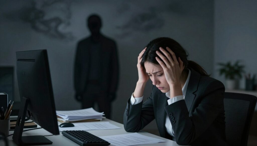 A juxtaposition of two contrasting emotional states illustrating "anxiety depression." In the foreground, a person in professional business attire, sitting at a desk, looking overwhelmed and lost, with hands on their head. Their expression conveys deep worry and despair. In the middle ground, a dimly lit office space with scattered papers and a flickering computer screen, symbolizing chaos and unease. In the background, a shadowy figure representing typical depression, appearing distant and detached, surrounded by dark swirling clouds. The overall atmosphere is somber and heavy, with low light and muted colors, creating a visually striking contrast between anxiety and typical depression. Soft focus on the background enhances the feeling of isolation, while sharp details in the foreground highlight the subject’s distress.