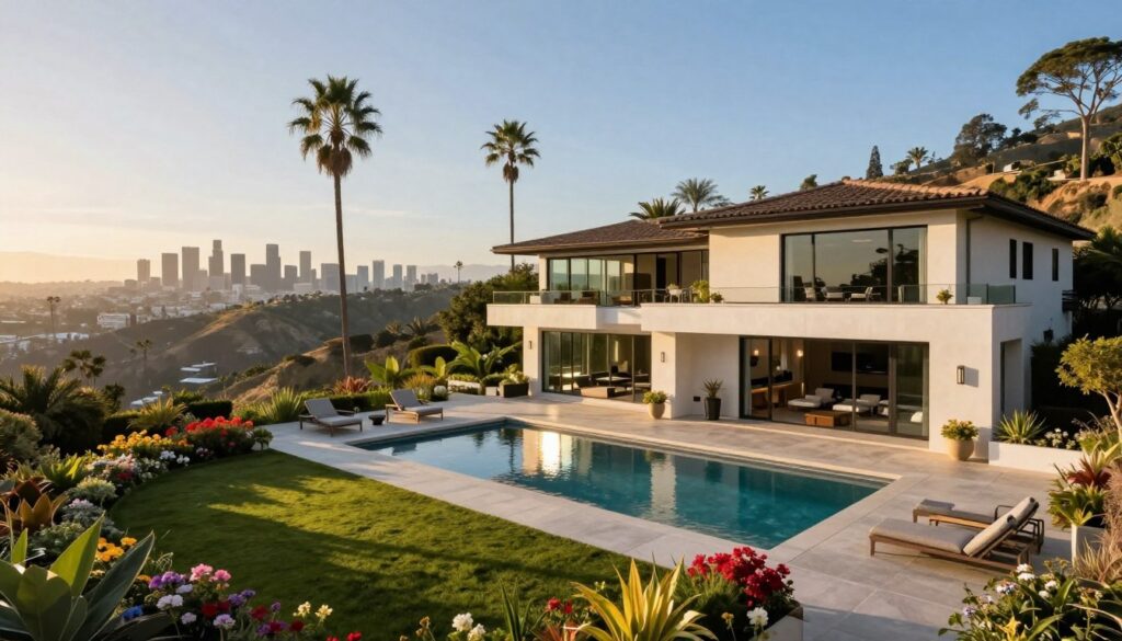 A luxurious California property representing Ariana Grande's real estate, featuring a stunning mansion with modern architecture nestled in the Hollywood Hills. The foreground showcases a well-manicured garden with vibrant flowers and palm trees, while a sleek swimming pool reflects the bright sun. In the middle ground, the expansive terrace provides a perfect view of the iconic Los Angeles skyline. The background captures the rolling hills of Santa Barbara under a clear blue sky, emphasizing the serene lifestyle. Golden hour lighting bathes the scene in warm hues, creating an inviting atmosphere. A wide-angle perspective highlights the grandeur of the property in a tasteful manner, conveying elegance and sophistication without any human figures present. A luxurious California property representing Ariana Grande's real estate, featuring a stunning mansion with modern architecture nestled in the Hollywood Hills. The foreground showcases a well-manicured garden with vibrant flowers and palm trees, while a sleek swimming pool reflects the bright sun. In the middle ground, the expansive terrace provides a perfect view of the iconic Los Angeles skyline. The background captures the rolling hills of Santa Barbara under a clear blue sky, emphasizing the serene lifestyle. Golden hour lighting bathes the scene in warm hues, creating an inviting atmosphere. A wide-angle perspective highlights the grandeur of the property in a tasteful manner, conveying elegance and sophistication without any human figures present.