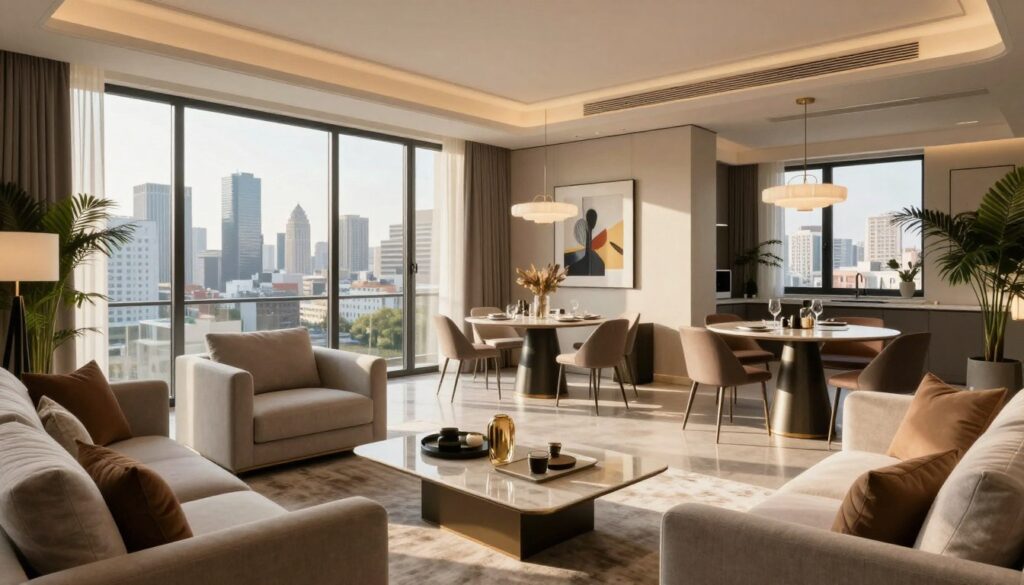 A luxurious apartment interior in a prestigious Warsaw building, featuring a spacious living area adorned with modern furniture and elegant decor. In the foreground, a stylish sofa faces a large window showcasing a panoramic view of the city skyline, bathed in warm, natural light from the afternoon sun. A sleek coffee table sits in the center, embellished with decorative items. In the middle ground, a dining area with a chic table set for two creates an inviting ambiance. The background reveals tasteful art pieces on the walls and indoor plants adding a touch of green. The overall atmosphere is sophisticated and airy, capturing the essence of an upscale urban lifestyle, perfect for a successful entrepreneur.