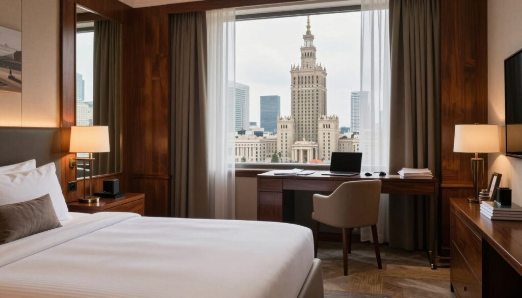 A luxurious hotel room in the Sejmowy Hotel, designed for parliamentary members, features elegant furnishings and rich wood accents. In the foreground, a neatly made king-sized bed with a plush duvet is surrounded by stylish, modern decor. A desk with a laptop and neatly stacked documents suggests a busy work environment. The middle ground includes a large window with sheer drapes, allowing natural light to flood in and offering a view of Warsaw's skyline, including the iconic Palace of Culture and Science. The background hints at the bustling activity of parliamentary sessions outside. The atmosphere is one of focus and professionalism, illuminated by warm, soft lighting to create an inviting environment conducive to work. The composition is shot from a slightly elevated angle, capturing the essence of life in the Sejmowy Hotel during legislative sessions.
