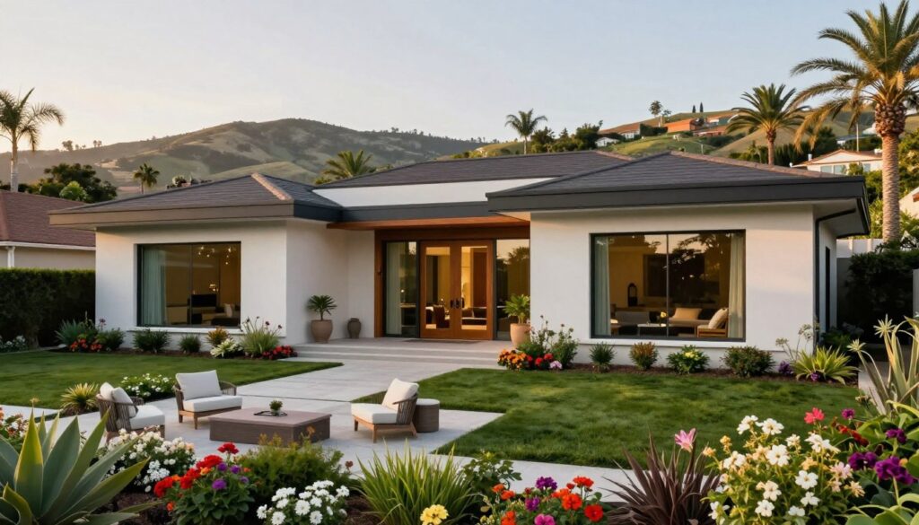 A luxurious, modern home with sleek architectural lines nestled in a serene, upscale neighborhood, representing Justin Bieber's lifestyle. In the foreground, lush, manicured gardens with vibrant flowers and decorative outdoor seating suggest an inviting atmosphere. The middle ground features the grand entrance of the house, with large glass doors and warm wooden accents reflecting sophistication. In the background, gentle hills and palm trees create a tropical feel, bathed in soft, golden sunlight, highlighting the beauty of the surroundings. The scene is captured from a slightly elevated angle to showcase both the property and its expansive views. The overall mood is elegant and tranquil, conveying exclusivity and comfort, emphasizing the high-profile nature of celebrity residences.