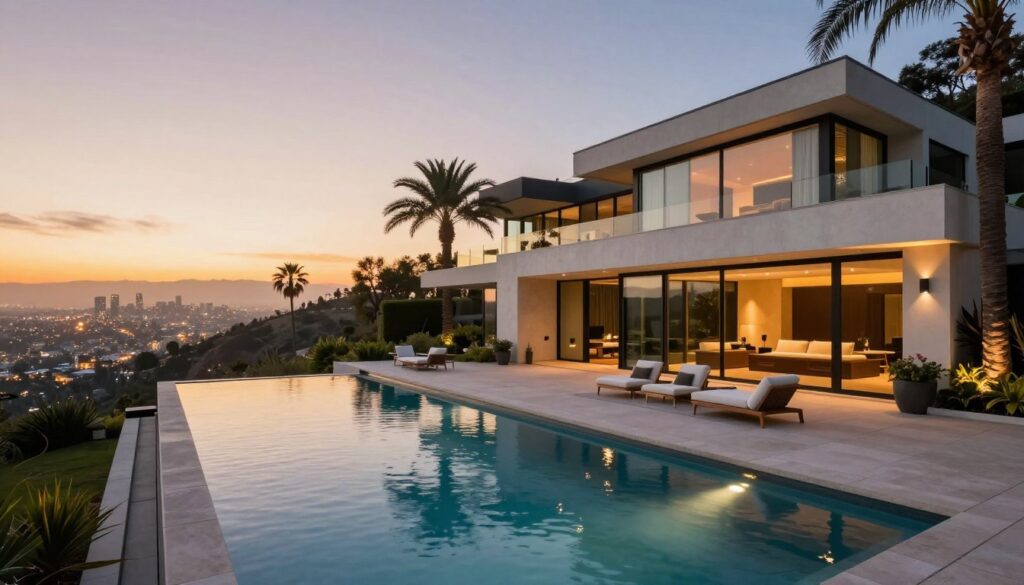 A luxurious, modern mansion in the Bird Streets of Hollywood Hills, boasting sleek architecture with large glass walls, blending seamlessly into the hillside. The foreground features an inviting infinity pool that extends toward breathtaking views of Los Angeles, vibrant city lights twinkling in the distance. In the middle, the villa showcases elegant outdoor furniture on a spacious patio, accentuated by lush landscaping and palm trees swaying gently in the breeze. The background captures a sunset casting warm, golden light across the scene, enhancing the serene atmosphere. Use a wide-angle lens to capture the grandeur of the estate, with soft lighting that evokes a sophisticated and tranquil mood. No people are present, ensuring a focus on the stunning property and surrounding beauty. A luxurious, modern mansion in the Bird Streets of Hollywood Hills, boasting sleek architecture with large glass walls, blending seamlessly into the hillside. The foreground features an inviting infinity pool that extends toward breathtaking views of Los Angeles, vibrant city lights twinkling in the distance. In the middle, the villa showcases elegant outdoor furniture on a spacious patio, accentuated by lush landscaping and palm trees swaying gently in the breeze. The background captures a sunset casting warm, golden light across the scene, enhancing the serene atmosphere. Use a wide-angle lens to capture the grandeur of the estate, with soft lighting that evokes a sophisticated and tranquil mood. No people are present, ensuring a focus on the stunning property and surrounding beauty.