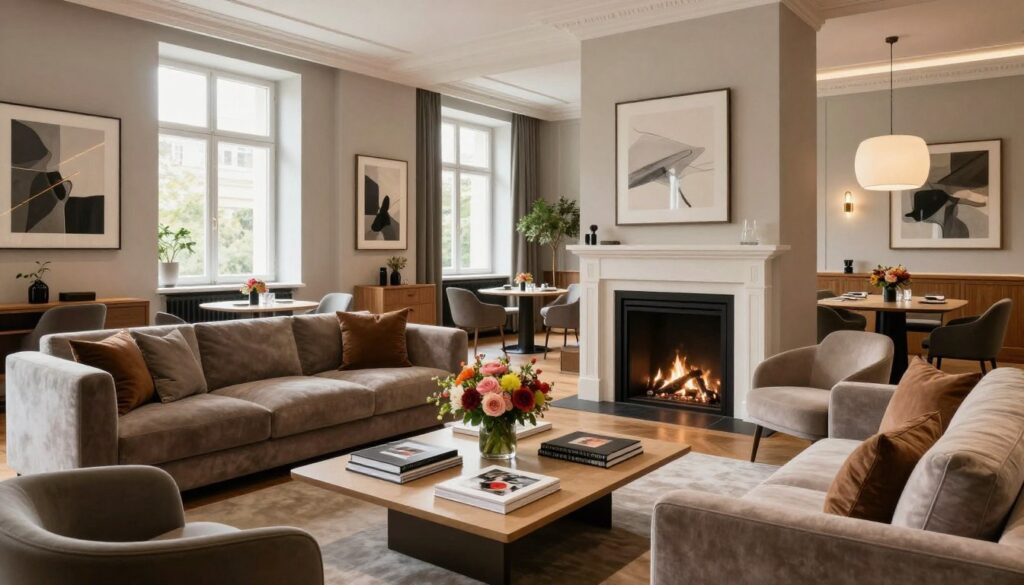 A luxurious salon interior in Wilanów, showcasing an elegant blend of modern and classic design elements. In the foreground, a stylish coffee table adorned with art books and a vibrant floral arrangement. In the middle, plush, contemporary sofas surround a sleek fireplace, with rich textures and soft fabrics. The walls are adorned with tasteful artwork, adding sophistication. Large windows allow natural light to flood in, highlighting the warm wood tones and neutral color palette. In the background, an inviting dining area features a polished table set for guests, bringing a sense of gathering and comfort. The mood is tranquil and refined, perfect for a serene, upscale living environment. Capture this scene from a wide-angle perspective to emphasize openness and warmth.
