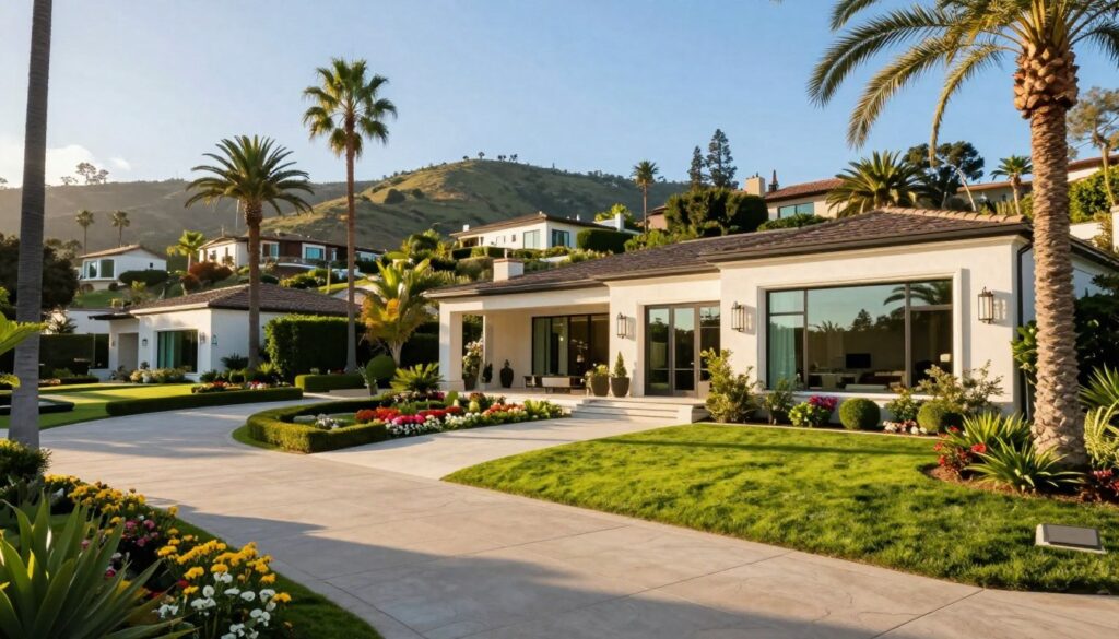 A luxurious view of Beverly Park in Beverly Hills, showcasing its stunning, sprawling mansions set amidst lush greenery. In the foreground, a wide, elegantly landscaped driveway leads to a magnificent modern mansion with large glass windows reflecting the bright California sun. The middle ground features a beautifully manicured garden filled with vibrant flowers and expertly trimmed hedges, alongside tall palm trees swaying gently in a soft breeze. The background displays rolling hills dotted with similar luxurious homes under a clear blue sky, embodying a serene and exclusive atmosphere. The scene is bathed in warm, golden sunlight, creating a sense of opulence and tranquility, inviting viewers to imagine life in this prestigious neighborhood.