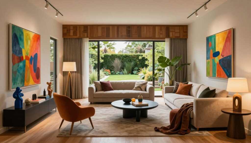 A luxurious villa interior, showcasing an artistic living space. In the foreground, vivid displays of modern art pieces, including colorful paintings and sculptures, add personality. The middle layer features a cozy seating area with plush sofas, chic coffee tables, and stylish decor, illuminated by soft, warm lighting that creates an inviting atmosphere. A large window in the background reveals a glimpse of a well-manicured garden, enhancing the sense of tranquility. Natural light flows through, highlighting wooden elements and tasteful furnishings. The overall mood feels creative and inspiring, perfect for an artist's home, with an air of sophistication and comfort throughout the space.