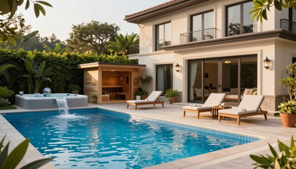 A luxurious villa surrounded by lush greenery, featuring a sparkling blue swimming pool in the foreground with comfortable lounge chairs. To one side, a bubbling jacuzzi invites relaxation, while a modern sauna sits discreetly nearby. In the background, the villa itself boasts elegant architecture with large windows reflecting the sunlight, creating a warm and inviting atmosphere. Soft, golden hour lighting casts gentle shadows, enhancing the serene setting. The scene is tranquil, encouraging creativity and content creation within this haven. Emphasize the opulence and comfort of the outdoor amenities, capturing the essence of a perfect retreat for relaxation and inspiration.