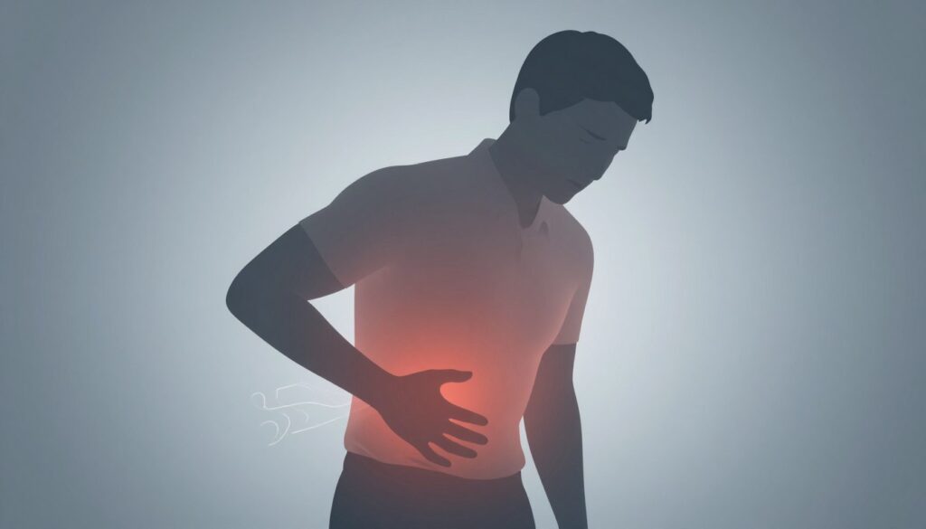 A medical illustration depicting a human silhouette in a neutral pose, highlighting the left side of the body under the ribcage. The figure, dressed in a professional business attire, should exhibit a pained expression, possibly with a hand on the left side where discomfort is felt. Surrounding the figure, a subtle gradient backdrop in soft blue and grey tones conveys a sense of stress and tension. The lighting should be soft yet focused, creating a serene atmosphere while emphasizing the area of concern. Incorporate faint visual indicators like waves or lines emanating from the left side to symbolize stress and discomfort, without any text or distractions in the image. The angle should be slightly elevated, providing a clear view of the body’s silhouette and the emphasized area.