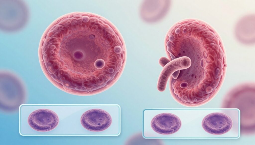 A medical illustration showing the normal monocyte levels in adults and children, depicted through stylized representations of blood cells. In the foreground, two blood samples in glass slides, one labeled for adults and one for children, show detailed, realistic monocytes in a clear, professional style. The middle ground features a highly magnified view of the monocytes, showcasing their distinctive characteristics, like their kidney-shaped nucleus and abundant cytoplasm, with a smooth focus. The background includes a subtle gradient that transitions from light blue to white, suggesting a clinical laboratory environment with soft, diffused lighting for an informative atmosphere. The image conveys a sense of professionalism and clarity, making it suitable for an educational context. A medical illustration showing the normal monocyte levels in adults and children, depicted through stylized representations of blood cells. In the foreground, two blood samples in glass slides, one labeled for adults and one for children, show detailed, realistic monocytes in a clear, professional style. The middle ground features a highly magnified view of the monocytes, showcasing their distinctive characteristics, like their kidney-shaped nucleus and abundant cytoplasm, with a smooth focus. The background includes a subtle gradient that transitions from light blue to white, suggesting a clinical laboratory environment with soft, diffused lighting for an informative atmosphere. The image conveys a sense of professionalism and clarity, making it suitable for an educational context.