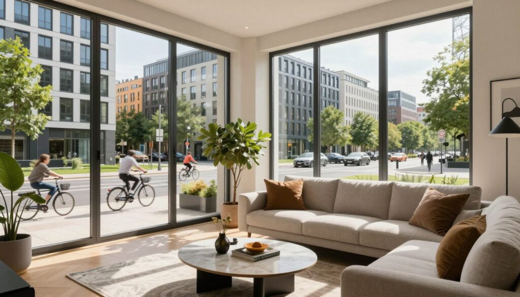 A modern Warsaw apartment set within a bustling urban environment, showcasing a sleek interior design style. In the foreground, a well-furnished living room features a cozy sofa, a stylish coffee table, and contemporary decor, all bathed in warm, natural light streaming through large windows. Medium shots capture the essence of urban living, with glimpses of city life through the glass, including other modern buildings and green parks. In the background, a lively street visible with cyclists and pedestrians, enhancing the atmosphere of an agglomeration. The scene is vibrant and inviting, conveying a sense of change and adaptability, suggesting a new chapter in life for the resident. The mood is uplifting and optimistic, perfect for illustrating urban living in Warsaw.