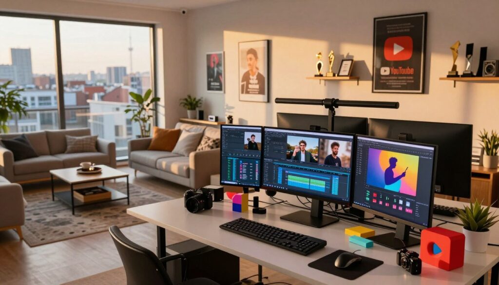 A modern apartment in Warsaw, transforming into a vibrant operational base for a famous YouTuber. In the foreground, a stylish desk with multiple screens displaying social media analytics and video editing software, surrounded by creative clutter like camera gear and colorful video props. The middle layer reveals a cozy living space with contemporary furniture, decorated with awards and posters representing YouTube milestones. In the background, large windows overlook a bustling cityscape, bathed in warm, golden evening light, casting soft shadows. A subtle ambiance of creativity and productivity fills the air. The scene captures a blend of professionalism and personal flair, showcasing how public recognition reshapes an ordinary living space into a dynamic hub of content creation.