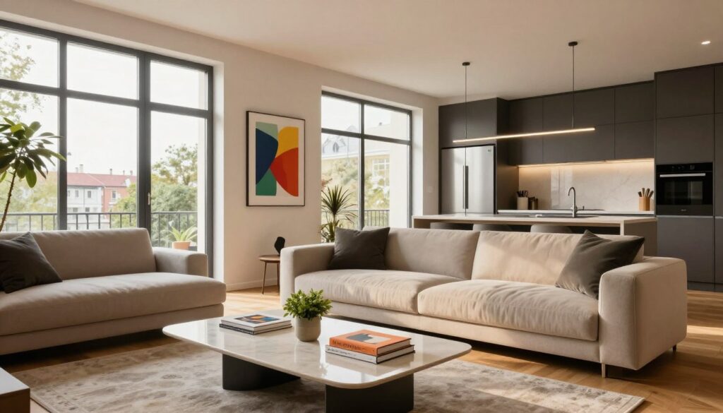 A modern apartment interior inspired by Kuba Wojewódzki, showcasing a stylish living space in Warsaw's Powiśle district. The foreground features a sleek, minimalist lounge area with a plush, contemporary sofa and a chic coffee table, decorated with elegant art books and a small plant. The middle ground reveals large, panoramic windows allowing natural light to flood the room, highlighting polished wooden floors. The background displays tasteful wall art and a modern kitchen with high-end appliances. The lighting is warm and inviting, capturing the essence of a vibrant yet cozy atmosphere. A soft filter enhances the elegance of the sleek finishes and stylish decor within this 250-square-meter space. No people are present in the image, ensuring the focus remains on the beautiful apartment design. A modern apartment interior inspired by Kuba Wojewódzki, showcasing a stylish living space in Warsaw's Powiśle district. The foreground features a sleek, minimalist lounge area with a plush, contemporary sofa and a chic coffee table, decorated with elegant art books and a small plant. The middle ground reveals large, panoramic windows allowing natural light to flood the room, highlighting polished wooden floors. The background displays tasteful wall art and a modern kitchen with high-end appliances. The lighting is warm and inviting, capturing the essence of a vibrant yet cozy atmosphere. A soft filter enhances the elegance of the sleek finishes and stylish decor within this 250-square-meter space. No people are present in the image, ensuring the focus remains on the beautiful apartment design.
