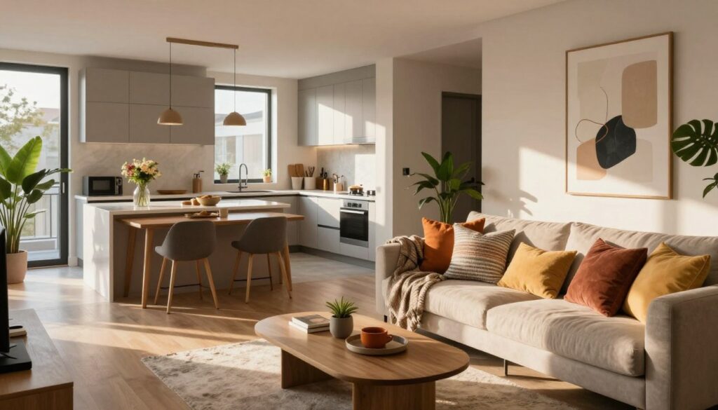 A modern apartment interior reflecting a stylish loft design. In the foreground, a cozy living area features a plush sofa adorned with colorful throw pillows and a stylish coffee table. The middle ground showcases a sleek kitchen with minimalist cabinets and an island with modern stools. Warm sunlight streams through large windows, illuminating the space and creating a welcoming atmosphere. The background includes a tasteful dining area with an elegant wooden table surrounded by chic chairs. Decorative plants add a touch of greenery, while abstract artwork and soft textiles enhance the charm. Capture the essence of modernity fused with cozy accents, emphasizing comfort and elegance in the setting. A modern apartment interior reflecting a stylish loft design. In the foreground, a cozy living area features a plush sofa adorned with colorful throw pillows and a stylish coffee table. The middle ground showcases a sleek kitchen with minimalist cabinets and an island with modern stools. Warm sunlight streams through large windows, illuminating the space and creating a welcoming atmosphere. The background includes a tasteful dining area with an elegant wooden table surrounded by chic chairs. Decorative plants add a touch of greenery, while abstract artwork and soft textiles enhance the charm. Capture the essence of modernity fused with cozy accents, emphasizing comfort and elegance in the setting.
