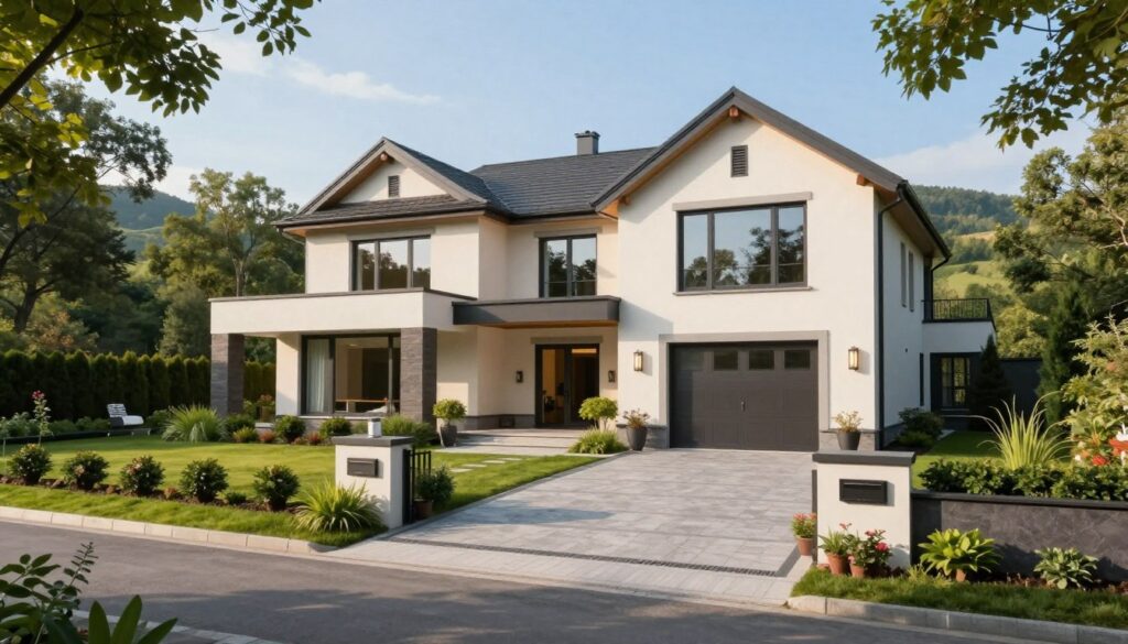 A modern, luxurious house in Łazy, near Warsaw, surrounded by lush greenery and a well-maintained garden. The foreground features a stylish driveway leading up to the entrance, with a few decorative plants and a contemporary mailbox. In the middle ground, the spacious exterior of the house showcases large windows reflecting natural light, giving it a warm and inviting feel. The background includes soft, rolling hills under a clear blue sky, suggesting a serene environment. Soft, diffused sunlight enhances the colors of the house, creating a friendly and welcoming atmosphere. The scene conveys elegance, comfort, and privacy, representative of a celebrity residence, without any human subjects present.