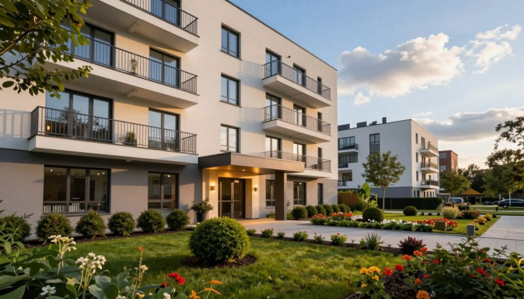 A modern residential area in Poland, showcasing a stylish, contemporary apartment building with balconies and large windows. In the foreground, a well-maintained garden with neatly trimmed bushes and vibrant flowers adds to the property’s charm. The middle ground features the entrance to the building, highlighted by elegant lighting and a sleek design. In the background, a clear blue sky with soft, fluffy clouds enhances the serene atmosphere of the neighborhood. The setting is bathed in warm, late afternoon light, creating inviting shadows and highlights. The scene conveys a sense of comfort and professionalism, reflecting the lifestyle associated with a politician like Bartosz Arłukowicz. The overall mood is calm and welcoming, ideal for illustrating a discussion about residence and properties.
