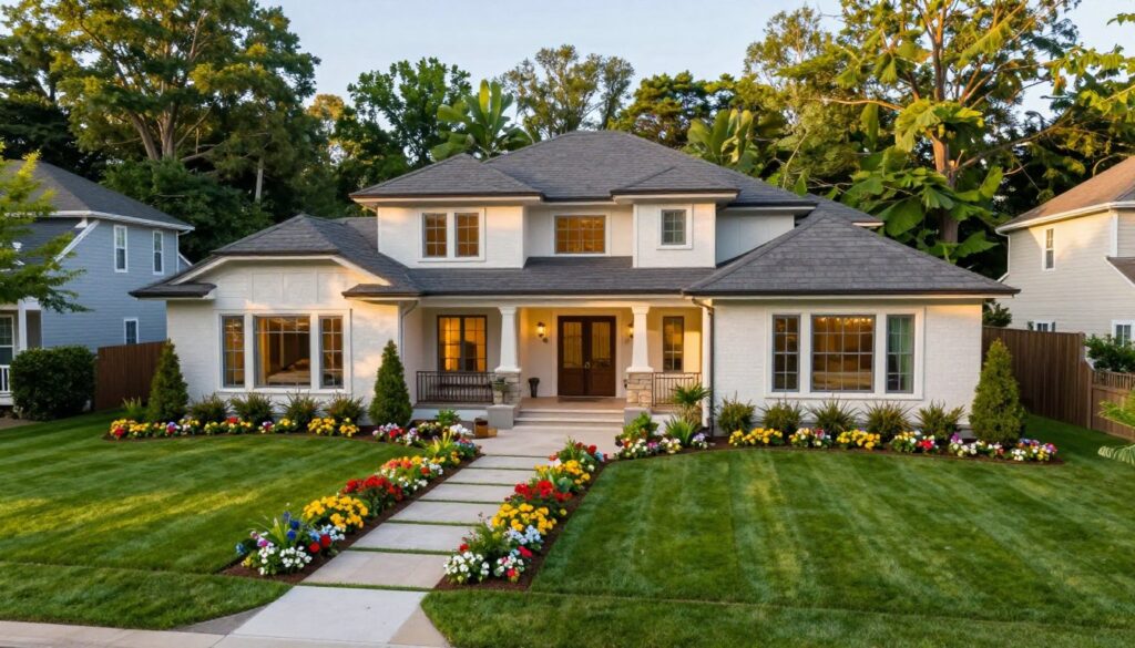 A modern suburban mansion in a lush, green neighborhood serves as the backdrop for the image of MrBeast's residence. In the foreground, a well-manicured lawn with colorful flower beds leads up to the elegant entrance of the home, illuminated by warm afternoon sunlight. In the middle ground, the house displays a unique architectural style, showcasing large windows and a grand patio, inviting a sense of openness. The background features tall trees and friendly neighbor houses, creating a sense of community. The atmosphere is vibrant and welcoming, capturing the essence of a popular content creator's lifestyle. The image is to be taken from a slightly elevated angle, allowing for a clear view of the property while emphasizing the inviting landscape surrounding it.