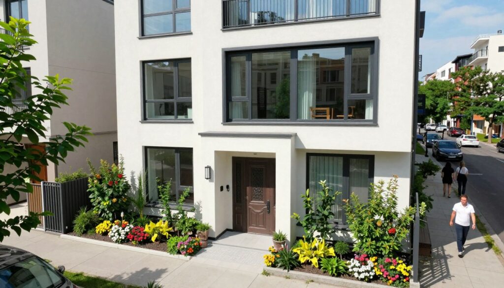 A modern urban residential setting showcasing the home of Dominik Abus. In the foreground, a well-maintained entrance with a decorative door, surrounded by vibrant greenery and flowers. The middle layer features a contemporary building style with large windows, reflecting the surrounding neighborhood. In the background, a bustling city scene with pedestrians and vehicles adds life and activity. The lighting is bright and welcoming, suggesting a sunny day, while soft shadows create depth. The angle is slightly elevated, offering a clear view of the architecture and landscape. The overall mood is inviting and friendly, reflecting a harmonious community atmosphere. Avoid any human figures to maintain focus on the location.