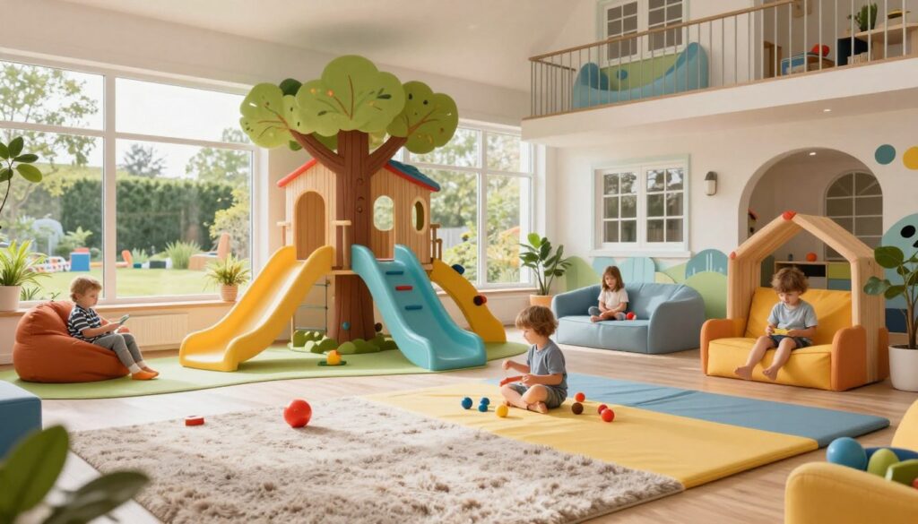 A modern, vibrant playroom designed for children, featuring a variety of fun and colorful toys, interactive play zones, and cozy reading nooks. The foreground shows a bright, spacious area with plush rugs and soft mats, inviting children to play. In the middle, include a whimsical treehouse structure with slides and climbing walls, surrounded by large windows that let in warm, natural light. The background should depict a cheerful, family-friendly house exterior, complete with a well-maintained garden and playful decorations. The overall atmosphere should be joyful and imaginative, evoking a sense of wonder and fun, suitable for young children like Vlad and Nikita. Use bright, cheerful colors and a soft focus to enhance the playful mood.