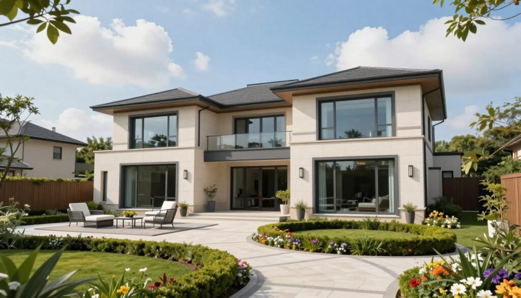 A modern villa exterior in a picturesque suburban setting, featuring large glass windows and a sleek architectural design. The foreground includes well-manicured gardens with vibrant flowers and a charming pathway leading to the entrance. In the middle ground, the spacious patio boasts elegant outdoor furniture, perfect for relaxation. The background is framed by a clear blue sky with fluffy white clouds, highlighting the tranquility of the environment. Soft, natural lighting enhances the inviting atmosphere of the scene, while a wide-angle lens captures the full grandeur of the property. The overall mood is serene and sophisticated, ideal for showcasing contemporary living spaces. The image must exclude any people or text overlays.