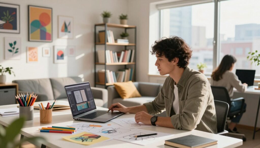 A modern workspace filled with natural light, showcasing a sleek desk cluttered with creative materials, such as sketches, a laptop with design software open, and colorful stationery. In the foreground, a focused professional in business casual attire is engaged in brainstorming ideas, surrounded by inspirational art on the walls. The middle ground features bookshelves filled with design books and a cozy seating area, enhancing the collaborative atmosphere. In the background, large windows reveal a vibrant cityscape, with soft sunlight streaming in, casting warm shadows across the room. The mood is productive yet relaxed, reflecting a dynamic environment where innovative materials are created. A modern workspace filled with natural light, showcasing a sleek desk cluttered with creative materials, such as sketches, a laptop with design software open, and colorful stationery. In the foreground, a focused professional in business casual attire is engaged in brainstorming ideas, surrounded by inspirational art on the walls. The middle ground features bookshelves filled with design books and a cozy seating area, enhancing the collaborative atmosphere. In the background, large windows reveal a vibrant cityscape, with soft sunlight streaming in, casting warm shadows across the room. The mood is productive yet relaxed, reflecting a dynamic environment where innovative materials are created.