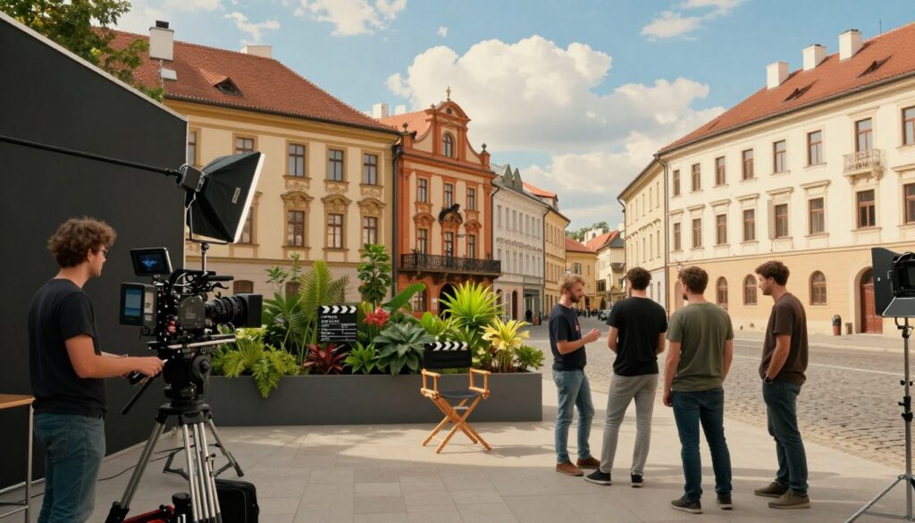 A panoramic view of a film studio in Praga, showcasing a blend of contemporary architecture and historical charm. In the foreground, a sleek, modern film set with professional film equipment, including cameras and lights, crew members in modest casual clothing discussing a scene. The middle ground features a director's chair with a film slate, surrounded by vibrant green plants, creating a lively atmosphere. In the background, iconic buildings typical of Praga, including ornate facades and cobblestone streets, under a bright blue sky with soft, fluffy clouds. The lighting is warm and inviting, capturing the creativity and innovation of the filmmaking process. The overall mood is inspiring and artistic, highlighting the vibrant culture of Praga as a hub for emerging filmmakers.