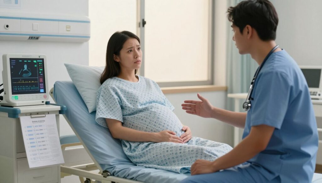 A peaceful and serene hospital room showcasing a pregnant woman in her third trimester, dressed in a modest hospital gown, sitting on an examination bed. She looks concerned as a compassionate healthcare professional, wearing scrubs and a stethoscope, discusses her symptoms. In the foreground, there are medical charts and a fetal monitor displaying vital signs, hinting at the monitoring of the baby's health. The middle ground reveals a large window allowing soft, warm natural light to filter in, creating a comforting atmosphere. In the background, you can see medical equipment and a soothing color palette of soft blues and whites, providing a sense of calm during a potentially alarming moment. The overall mood is one of reassurance and professionalism, encapsulating a crucial moment of care.