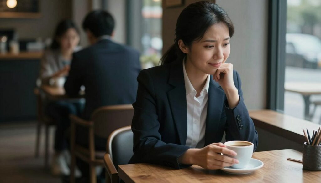 A person sitting alone in a dimly lit café, dressed in professional business attire, with a slight smile, masking their internal struggle with depression. In the foreground, close-up of their hands fidgeting nervously with a coffee cup, showing tension and anxiety. The middle layer features the individual seated at a small table, gazing out the window, appearing contemplative yet composed. The background shows blurred silhouettes of other customers, creating a sense of isolation despite the crowded environment. Soft, warm lighting contrasts with the cooler tones of the surroundings, evoking a bittersweet mood. The angle is slightly top-down, emphasizing the subject's vulnerability while maintaining an air of normalcy around them.