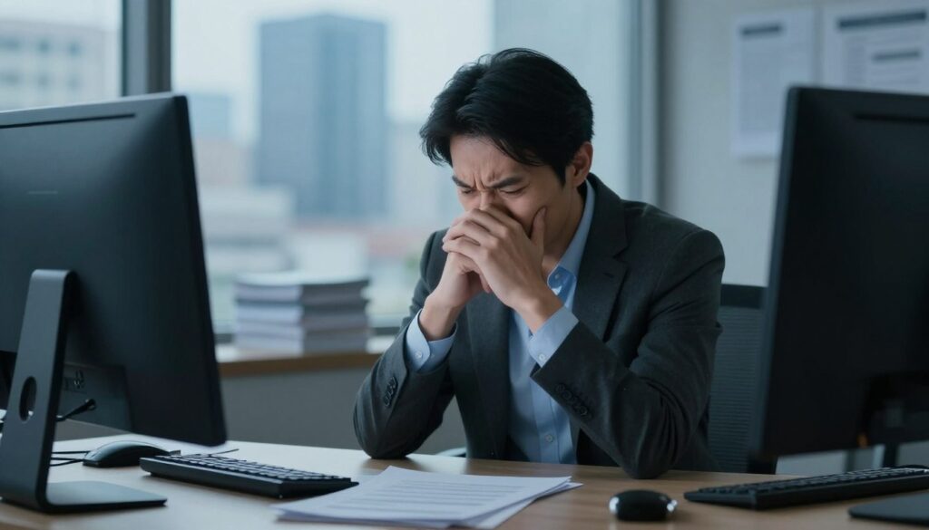 A person sitting at a cluttered desk in an office environment, their face displaying a mix of stress and anxiety. The foreground includes scattered papers and a flickering computer screen, casting a dim, blue light that enhances the feeling of tension. In the middle, the individual is dressed in professional business attire, with furrowed brows and clasped hands, suggesting a moment of overwhelming pressure. The background features a blurred cityscape through a window, representing the outside world's hustle and bustle, adding to the atmosphere of stress. Soft, diffused lighting creates a moody, introspective ambiance, evoking the theme of mental and physical overload. A person sitting at a cluttered desk in an office environment, their face displaying a mix of stress and anxiety. The foreground includes scattered papers and a flickering computer screen, casting a dim, blue light that enhances the feeling of tension. In the middle, the individual is dressed in professional business attire, with furrowed brows and clasped hands, suggesting a moment of overwhelming pressure. The background features a blurred cityscape through a window, representing the outside world's hustle and bustle, adding to the atmosphere of stress. Soft, diffused lighting creates a moody, introspective ambiance, evoking the theme of mental and physical overload.
