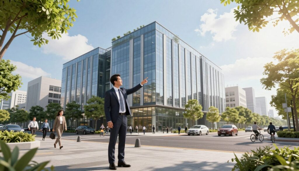 A picturesque office location reflecting a modern workplace environment, showcasing a sleek, glass-fronted building surrounded by greenery. In the foreground, a well-dressed professional in business attire stands confidently, pointing towards the building, as if discussing its significance. The middle ground features a bustling urban street with pedestrians and cyclists, enhancing the lively ambiance. The background displays a blue sky with soft clouds, casting natural light on the scene, creating a warm, welcoming atmosphere. The image has a slight lens flare, emphasizing openness and transparency, conveying a sense of professional energy and community engagement. The overall mood is optimistic and encouraging, ideal for discussing the significance of workplace locations. A picturesque office location reflecting a modern workplace environment, showcasing a sleek, glass-fronted building surrounded by greenery. In the foreground, a well-dressed professional in business attire stands confidently, pointing towards the building, as if discussing its significance. The middle ground features a bustling urban street with pedestrians and cyclists, enhancing the lively ambiance. The background displays a blue sky with soft clouds, casting natural light on the scene, creating a warm, welcoming atmosphere. The image has a slight lens flare, emphasizing openness and transparency, conveying a sense of professional energy and community engagement. The overall mood is optimistic and encouraging, ideal for discussing the significance of workplace locations.