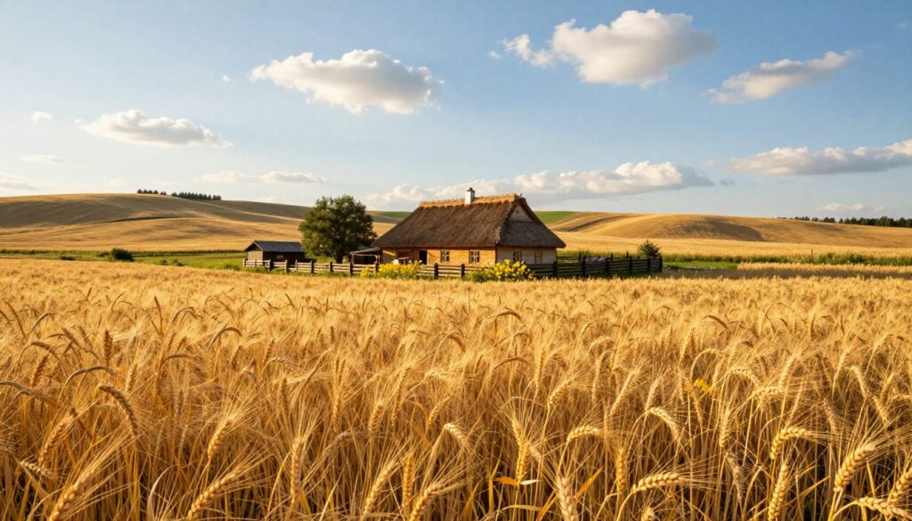 A picturesque rural landscape in Poland, showcasing "Złote Łany," a serene and idyllic setting reminiscent of the early 2000s. In the foreground, lush golden fields of ripe wheat sway gently in the breeze, illuminated by the warm, golden light of a late afternoon sun. The middle ground features a charming traditional farmhouse with a thatched roof and rustic wooden fences, surrounded by vibrant wildflowers. In the background, rolling hills create a soft, undulating horizon beneath a clear blue sky with fluffy white clouds. The atmosphere is peaceful and nostalgic, evoking a sense of tranquility and connection to nature. Use a wide-angle lens to capture the expansive landscape, ensuring vibrant colors and a soft glow that adds to the sense of warmth and comfort.