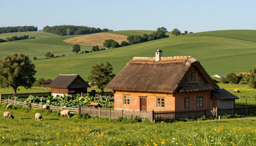 A picturesque rural setting illustrating a traditional Polish gospodarstwo, featuring a rustic farmhouse made of warm timber and red brick with a thatched roof in the foreground. Surrounding the house, lush green fields stretch into the distance, dotted with grazing sheep and vibrant wildflowers. In the middle ground, there's a well-maintained vegetable garden, offering a glimpse of domestic life, while a wooden fence frames the scene. The background showcases rolling hills under a clear blue sky, casting soft, natural lighting that creates a serene and inviting mood. This idyllic scene conveys a sense of tranquility and authenticity, reflecting the character of the land. The atmosphere is warm and inviting, with gentle sunlight bathing the environment, ideal for an article illustrating local life.