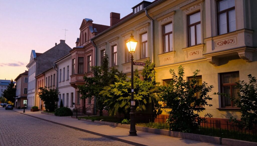 A picturesque street scene in the Warsaw district of Ochota, showcasing charming early 20th-century residential buildings with decorative facades and lush greenery lining the sidewalk. In the foreground, a vintage streetlamp casts a warm glow during the golden hour, creating inviting shadows on the cobblestone path. The middle layer features historical signs and decorative elements that hint at previous addresses, while the background reveals a blend of old and modern architecture, symbolizing the rich history of the area. The sky above is painted in soft pastel hues, enhancing the nostalgic atmosphere. The overall mood is serene and inviting, suitable for a reflective exploration of the actress's past residences.
