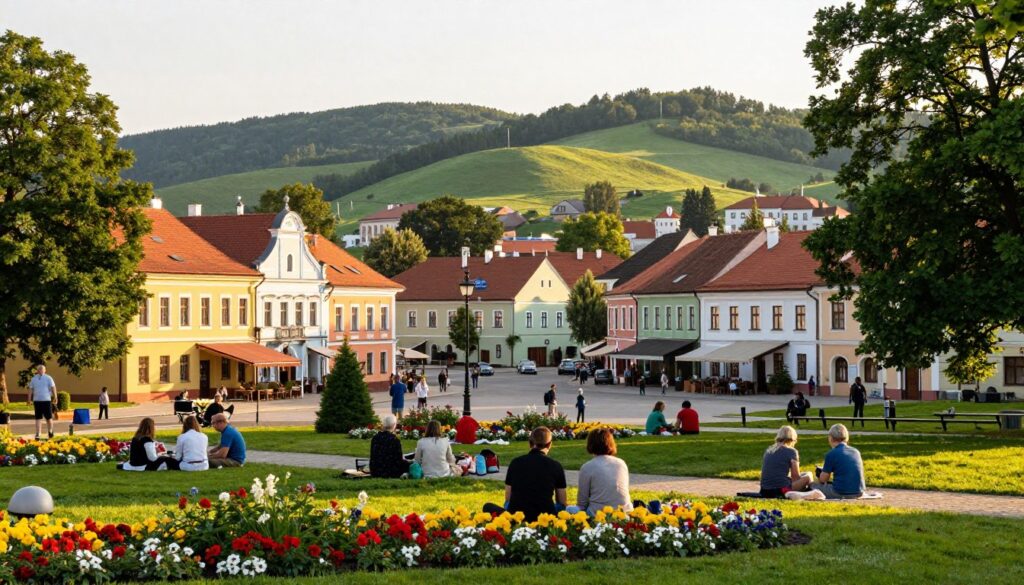 A picturesque view of Głowno, a charming small town in the Łódź Voivodeship of Poland. In the foreground, include a beautiful park filled with vibrant flowers and green trees, where families are leisurely enjoying their day, dressed in modest casual clothing. The middle ground features quaint traditional Polish architecture, with colorful facades of houses and a central town square bustling with activity. In the background, rolling green hills are kissed by the warm sunlight, creating a serene and inviting atmosphere. Soft, golden light filters through the trees, casting gentle shadows. The overall mood is cheerful and tranquil, showcasing the town's unique character and community spirit, captured from a slightly elevated angle to provide depth and context to the scene.