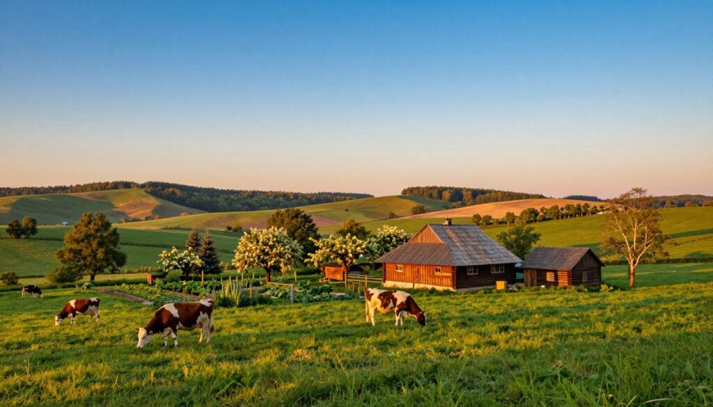 A picturesque view of Gospodarstwo Plutycze, a traditional Polish homestead in the Podlaskie region. In the foreground, vibrant green pastures dotted with grazing cows and a quaint wooden barn, showcasing a rustic charm. The middle ground features carefully arranged vegetable gardens and fruit trees, framing the property, all under a clear blue sky. In the background, gentle rolling hills blend seamlessly into a vibrant sunset, casting warm golden light over the landscape. The atmosphere is serene and idyllic, evoking a sense of peaceful rural life. The image should capture the essence of Polish countryside living, with authentic details that highlight the beauty of Plutycze. Lighting is soft and warm, emphasizing the tranquil mood, as if capturing an early evening in late spring.
