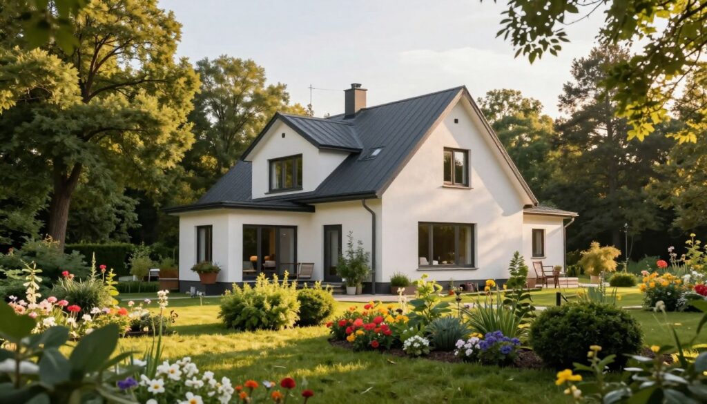 A picturesque view of Justyna Steczkowska's home in Radziejowice, near Warsaw, showcasing a charming modern villa surrounded by lush greenery. In the foreground, there's a well-maintained garden with colorful flowers and manicured bushes, reflecting a sense of personal touch and privacy. The middle ground features the villa with large windows that blend comfort and elegance, set against a backdrop of tall trees that suggest seclusion. The atmosphere is warm and inviting, with soft, golden sunlight filtering through the leaves, creating gentle shadows. Use a wide-angle lens perspective to capture both the architectural beauty of the home and the serene natural surroundings, evoking a feeling of tranquility and calm. The overall mood should convey an artistic yet private lifestyle.