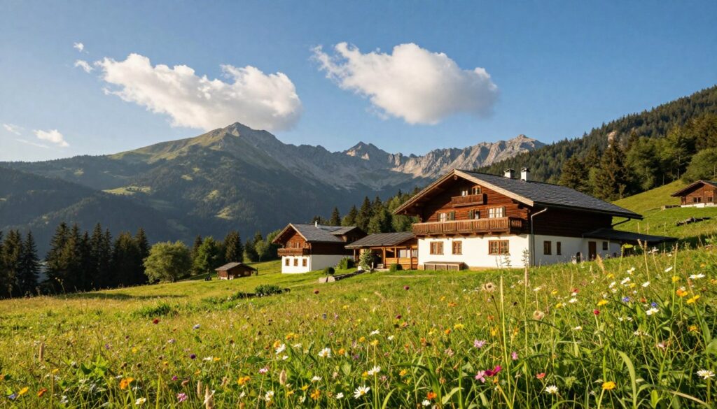 A picturesque view of Lks Klimczok Bystra, capturing the essence of this tranquil mountain region. In the foreground, lush green meadows dotted with colorful wildflowers sway gently in a soft breeze. The middle ground features the charming rustic building of Lks Klimczok, with wooden architecture harmoniously blending into the natural surroundings. In the background, imposing mountain peaks rise under a bright, azure sky, with fluffy white clouds lazily drifting by. The scene is illuminated by warm, golden sunlight, creating a serene and inviting atmosphere. The angle should be slightly elevated, providing a comprehensive view of both the landscape and the club, evoking a sense of peace and connection with nature.