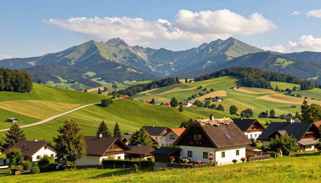 A picturesque view of Przecieszyn, Poland, nestled in the lush landscape of Małopolska. In the foreground, a quaint village house with traditional architecture, featuring a thatched roof and blooming flower beds. The middle ground showcases rolling green hills dotted with patches of trees and fields, interspersed with winding gravel roads. In the background, the majestic Tatra Mountains rise under a clear blue sky, with soft, fluffy clouds. The scene is bathed in warm daylight, casting gentle shadows and creating a serene, inviting atmosphere. The image captures the essence of rural life, highlighting the beauty and tranquility of the region, perfect for illustrating the charm of Przecieszyn as a home base. The perspective is slightly elevated, giving a panoramic view of the landscape. A picturesque view of Przecieszyn, Poland, nestled in the lush landscape of Małopolska. In the foreground, a quaint village house with traditional architecture, featuring a thatched roof and blooming flower beds. The middle ground showcases rolling green hills dotted with patches of trees and fields, interspersed with winding gravel roads. In the background, the majestic Tatra Mountains rise under a clear blue sky, with soft, fluffy clouds. The scene is bathed in warm daylight, casting gentle shadows and creating a serene, inviting atmosphere. The image captures the essence of rural life, highlighting the beauty and tranquility of the region, perfect for illustrating the charm of Przecieszyn as a home base. The perspective is slightly elevated, giving a panoramic view of the landscape.