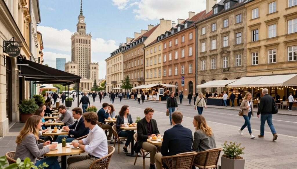 A picturesque view of a bustling street scene in Warsaw, showcasing a blend of modern and historic architecture. In the foreground, a cheerful café with outdoor seating where people enjoy coffee and pastries, dressed in smart casual outfits. The middle ground features a vibrant busy street lined with shops and local vendors, while pedestrians stroll by, reflecting the lively atmosphere of the city. The background should include iconic landmarks like the Palace of Culture and Science, framed by a clear blue sky. Soft natural lighting creates a warm, inviting vibe, capturing the essence of urban life in Warsaw while evoking a sense of community and cultural richness. The angle should be slightly elevated, providing a comprehensive view of the lively street scene without any text or overlays.