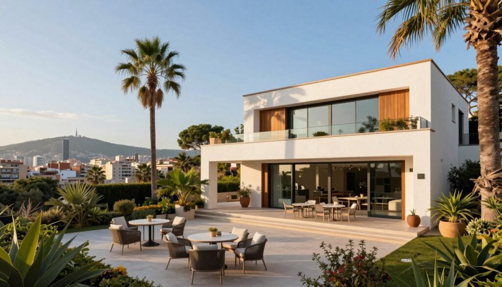 A picturesque view of a luxurious modern home in Barcelona, surrounded by lush greenery and palm trees, showcasing the essence of Mediterranean architecture. The foreground features a spacious terrace with stylish outdoor furniture, perfect for summer gatherings. In the middle ground, the sleek facade of the house reflects sunlight, with large windows and a blend of white stucco and wooden accents. The background is a serene cityscape, with distant views of the iconic Montjuïc and a clear blue sky. The atmosphere is warm and inviting, with golden hour lighting casting a soft glow over the scene. Shoot from a slightly elevated angle to capture the scene's depth and elegance, emphasizing the tranquility of Spanish living. A picturesque view of a luxurious modern home in Barcelona, surrounded by lush greenery and palm trees, showcasing the essence of Mediterranean architecture. The foreground features a spacious terrace with stylish outdoor furniture, perfect for summer gatherings. In the middle ground, the sleek facade of the house reflects sunlight, with large windows and a blend of white stucco and wooden accents. The background is a serene cityscape, with distant views of the iconic Montjuïc and a clear blue sky. The atmosphere is warm and inviting, with golden hour lighting casting a soft glow over the scene. Shoot from a slightly elevated angle to capture the scene's depth and elegance, emphasizing the tranquility of Spanish living.