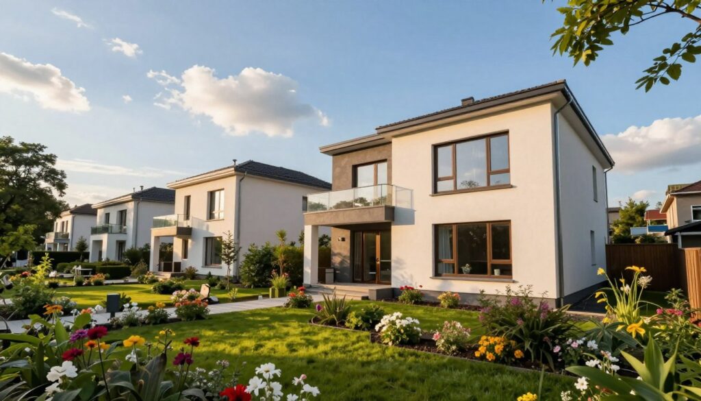 A picturesque view of a modern residential neighborhood in Poland, focusing on an elegant home that evokes a sense of sophistication and peace. In the foreground, vibrant greenery and well-maintained gardens lead up to the front yard, with flowers blooming in a variety of colors. The middle section features a stylish two-story house, showcasing large windows that reflect the sunlight, enhancing its welcoming charm. In the background, a clear blue sky and soft, fluffy clouds create an inviting atmosphere. The scene is captured in warm, natural lighting, simulating a late afternoon glow. The composition is shot from a slightly elevated angle, providing a panoramic view that conveys a sense of openness and tranquility. The overall mood is serene and elegant, ideal for illustrating an informative article about a prominent figure's residence without infringing on privacy.