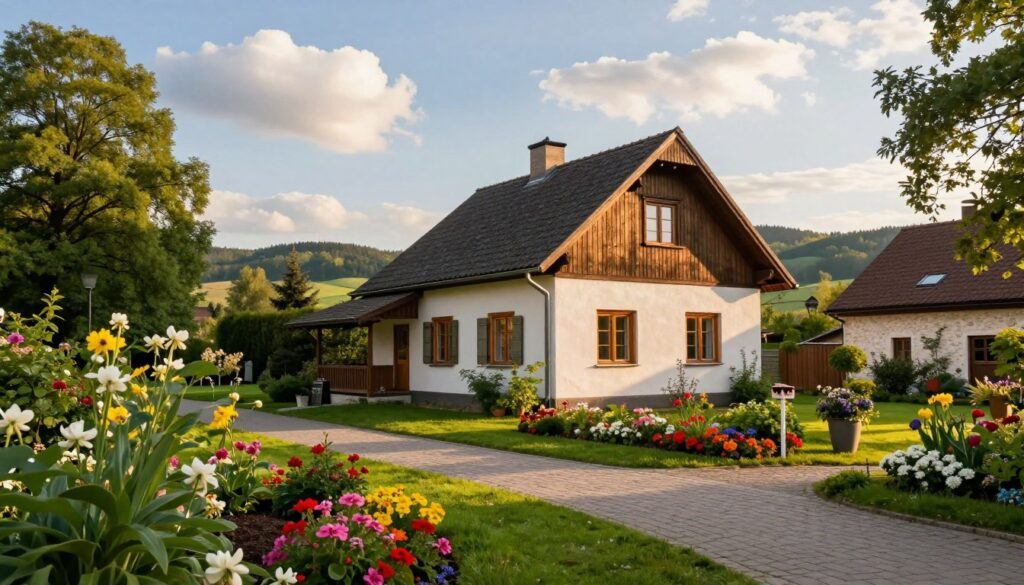 A picturesque view of a quaint house in Choczewo, Poland, surrounded by lush greenery and vibrant flower gardens. In the foreground, colorful blossoms and a well-maintained pathway lead to the charming home, which features classic Polish architectural elements like a sloped roof and wooden accents. The middle ground showcases the cozy home with inviting windows, bathed in soft afternoon sunlight that casts warm golden hues. The background features gentle hills and a serene sky, dotted with fluffy clouds. The atmosphere is peaceful and idyllic, perfect for a tranquil countryside setting. Capture this scene with a wide-angle lens for a broader perspective, highlighting the harmonious blend of nature and home life.