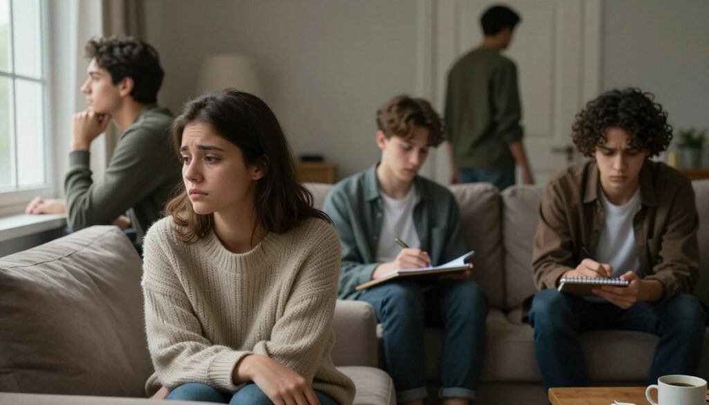 A poignant depiction of depression symptoms, showcasing a diverse group of four individuals in a cozy, softly lit living room setting. In the foreground, a young woman sits on a plush sofa, her face reflecting sadness with distant eyes, wrapped in a warm, oversized sweater. Beside her, a man gazes out of a window, lost in thought, exhibiting a sense of isolation. In the middle ground, a teenager is drawing on a sketchpad, occasionally glancing up, capturing confusion and concern. In the background, a person walks towards a door, symbolizing the struggle to seek help. The atmosphere is gentle yet somber, illuminated by warm, diffused light, creating a contemplative mood. The scene conveys a sense of vulnerability, highlighting the invisible battle of depression without text or distractions.